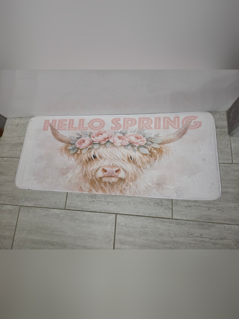 Hello Spring Floral Highland Cow Memory Foam Mat- Pink & Cream